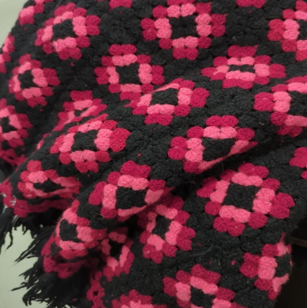 Pink and Black Crochet Granny Square King Size Bed Blanket Vintage Handmade